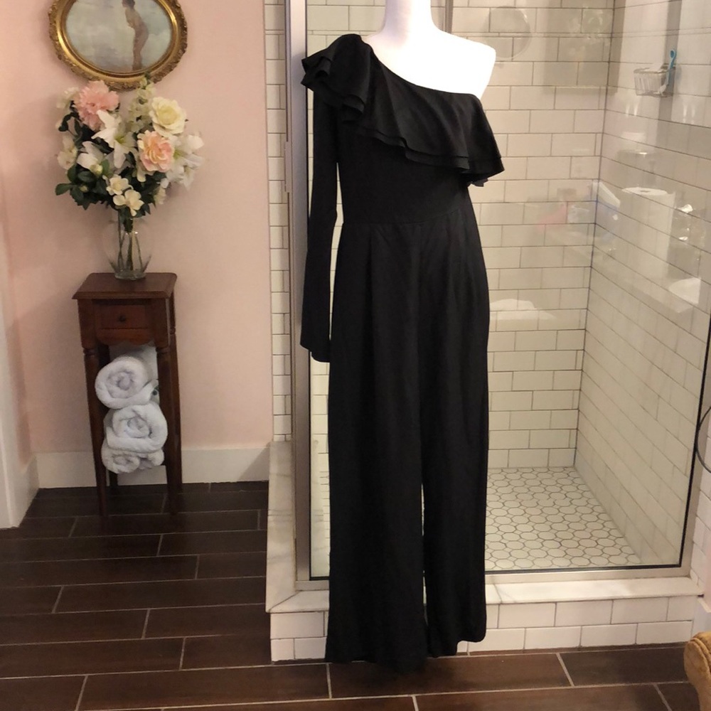 Black off shoulder one sleeve ruffle front cocktail jumpsuit size 14
